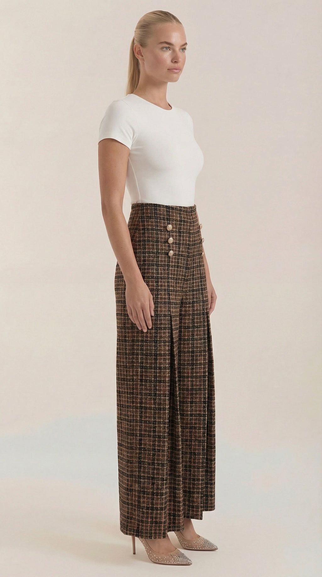 High-Waist Plaid Wide-Leg Trousers