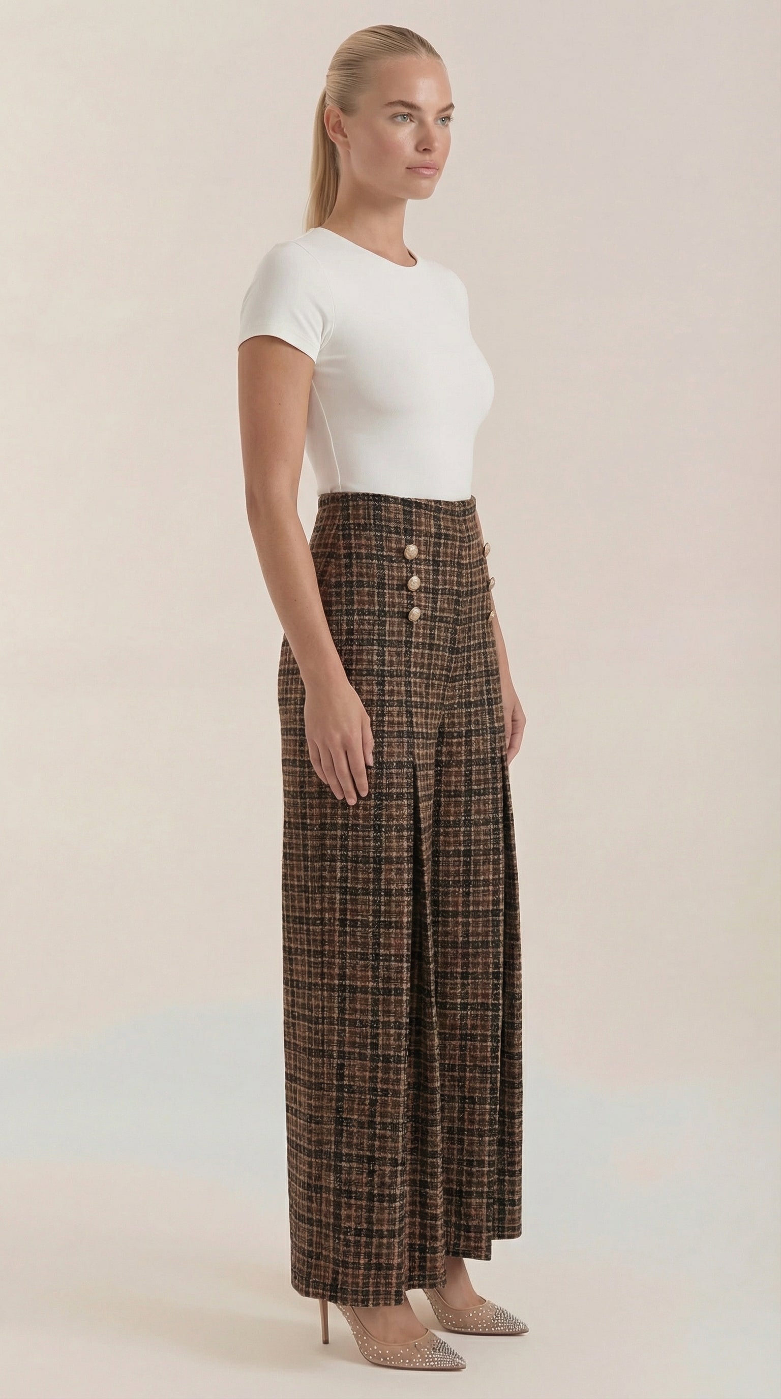 High-Waist Plaid Wide-Leg Trousers