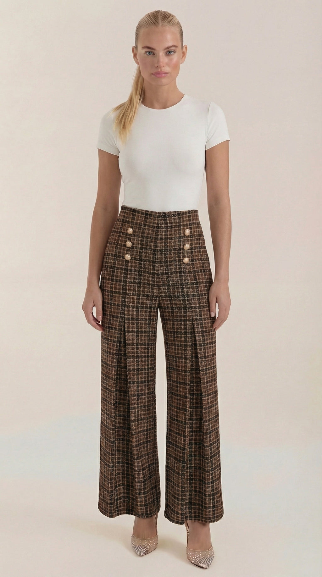 High-Waist Plaid Wide-Leg Trousers