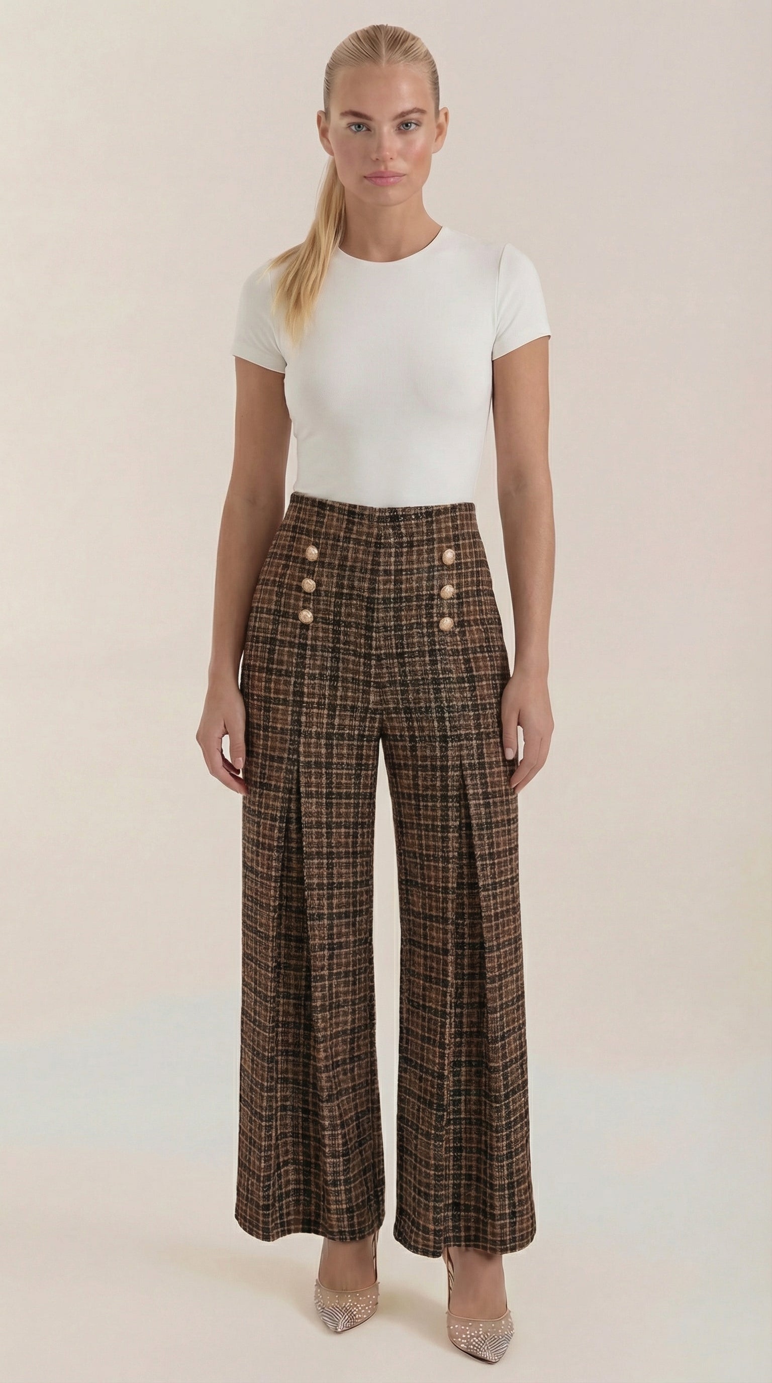 High-Waist Plaid Wide-Leg Trousers