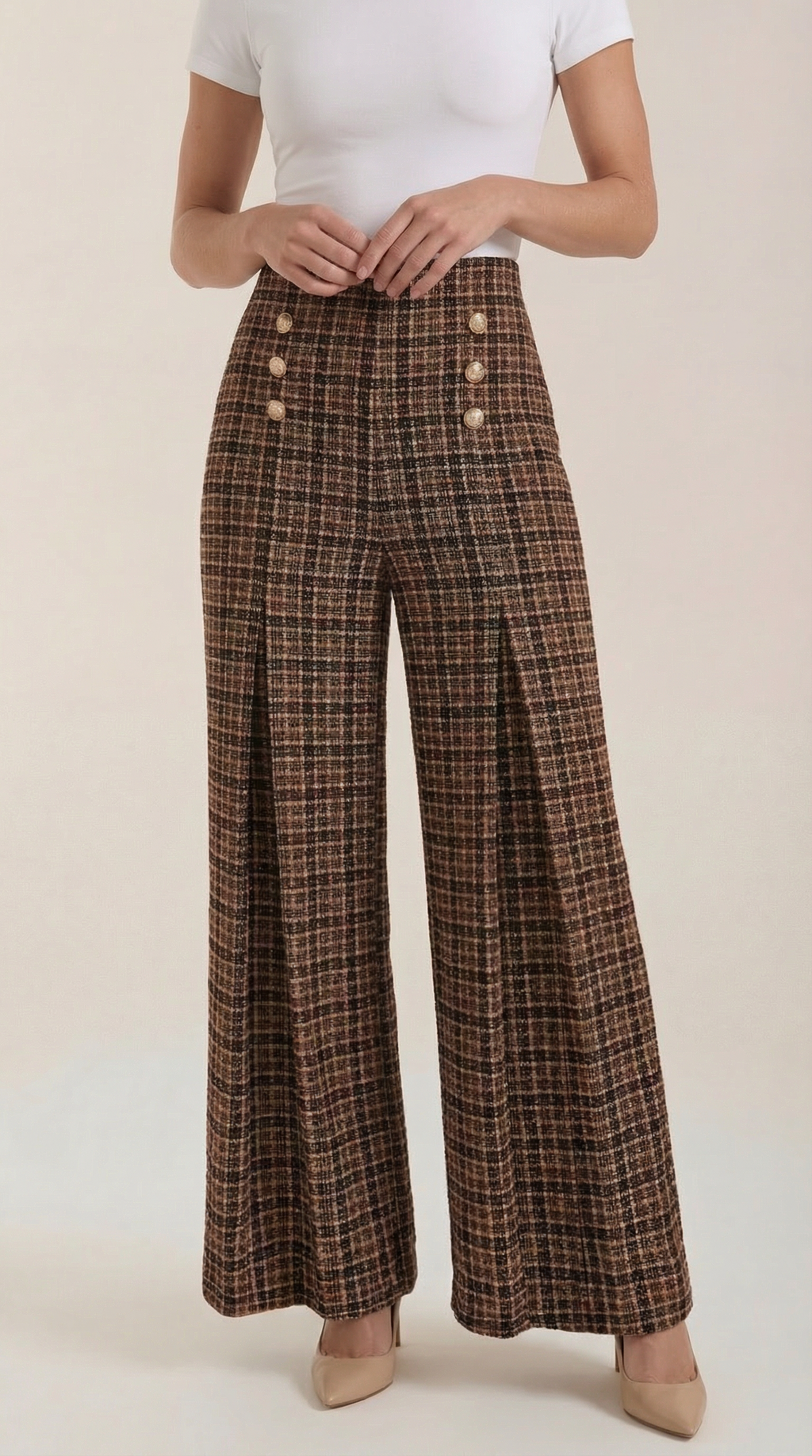 High-Waist Plaid Wide-Leg Trousers