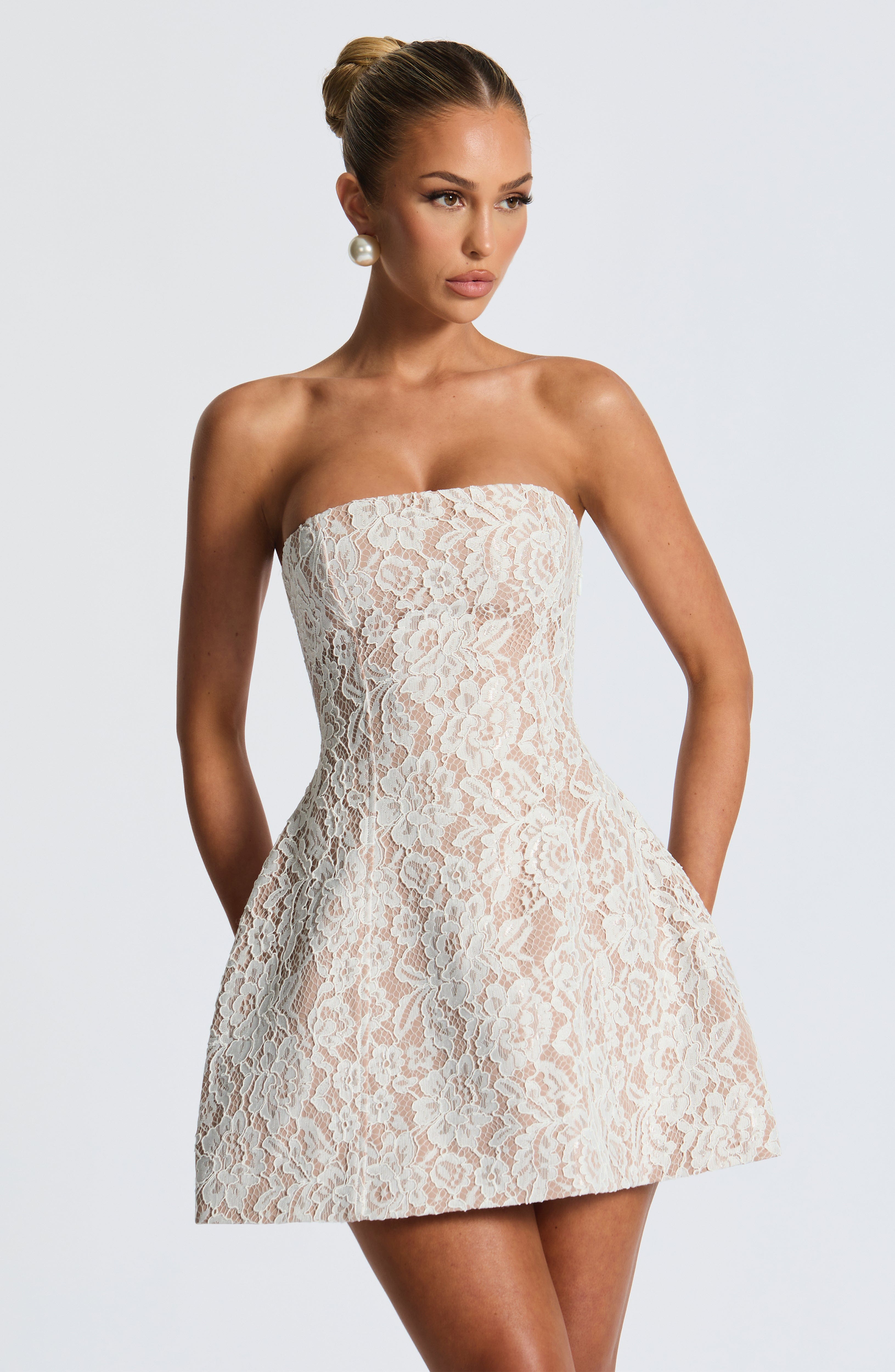 Ivory Strapless Lace Overlay Mini Dress