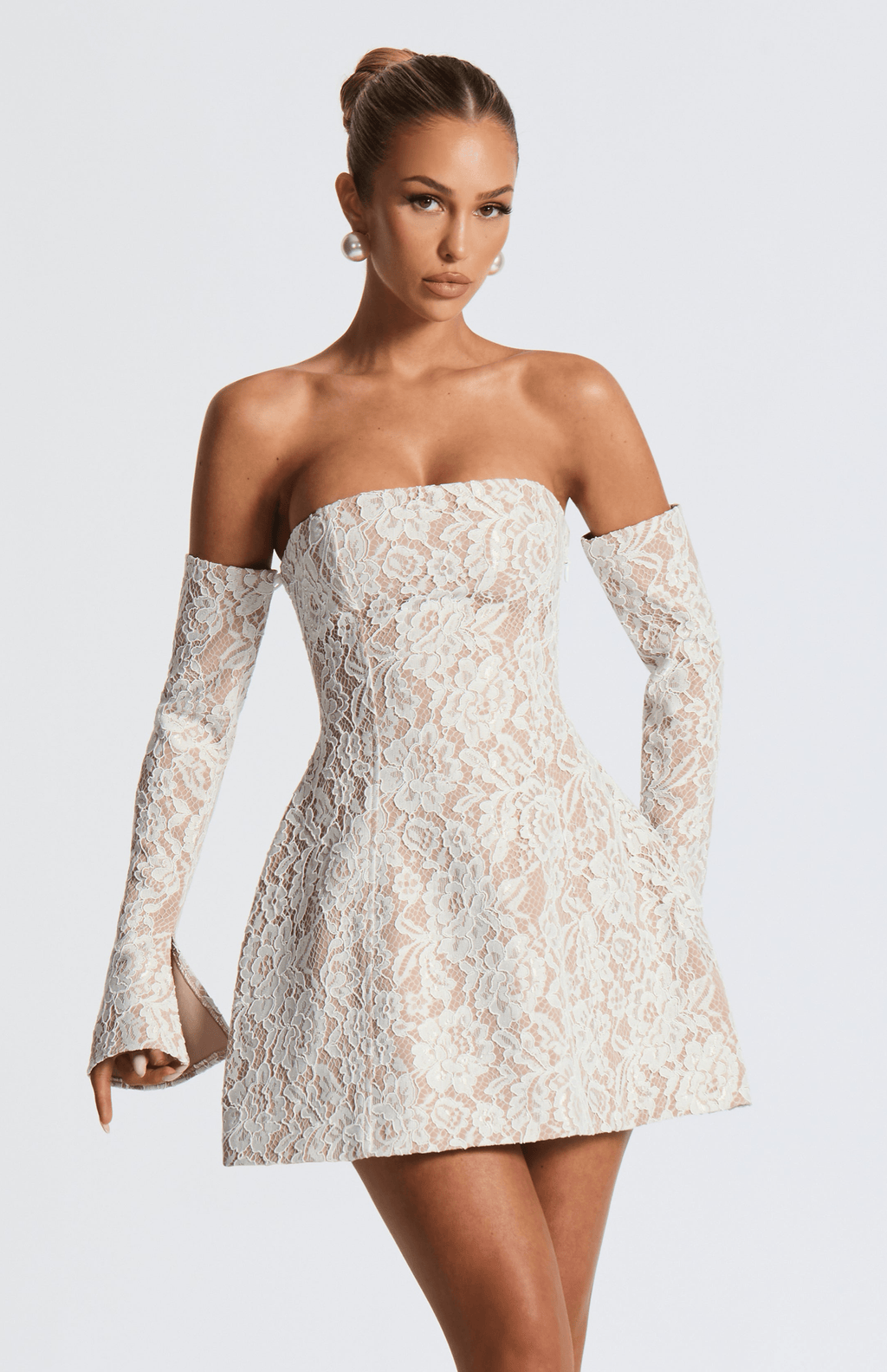 Ivory Strapless Lace Overlay Mini Dress
