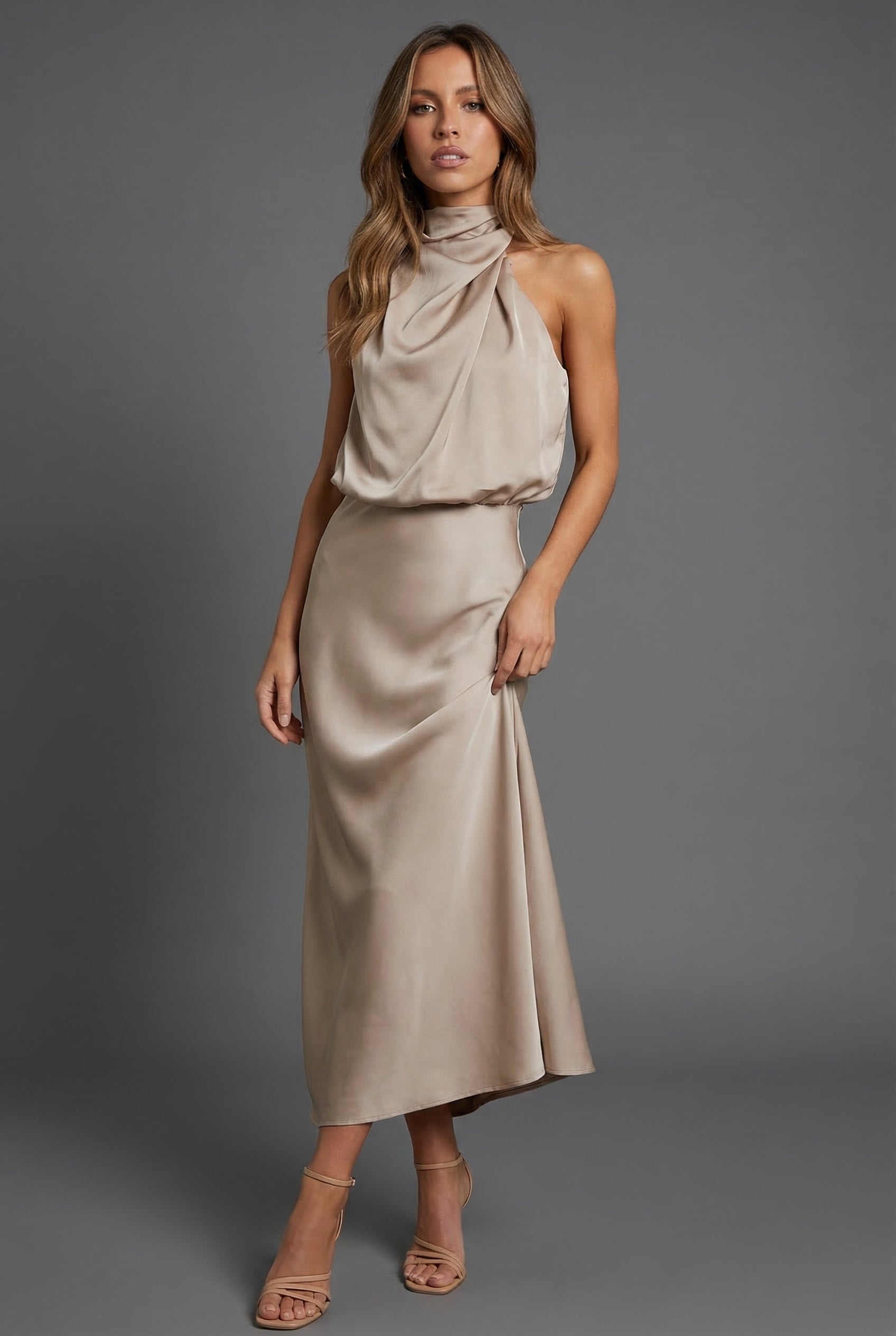 Draped Halterneck Satin Midi Dress
