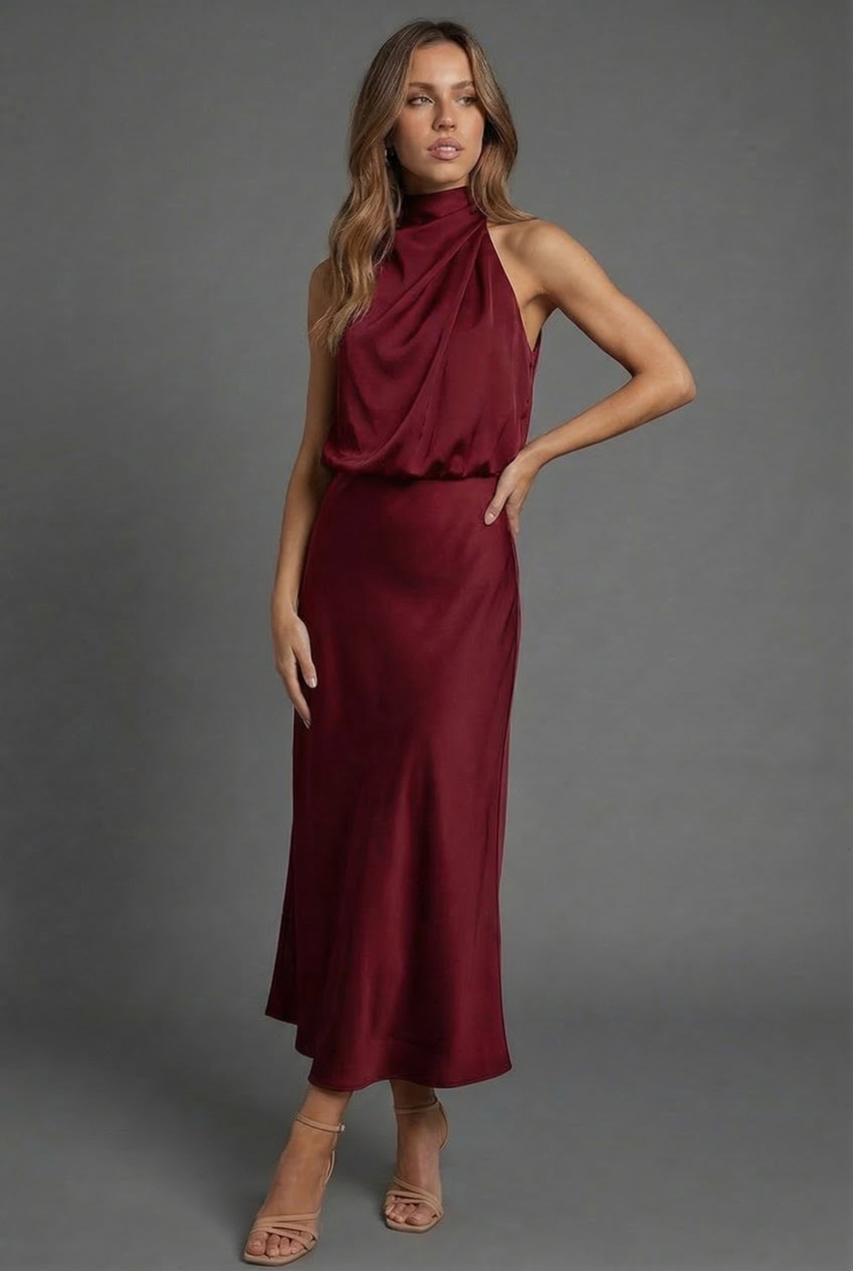 Draped Halterneck Satin Midi Dress