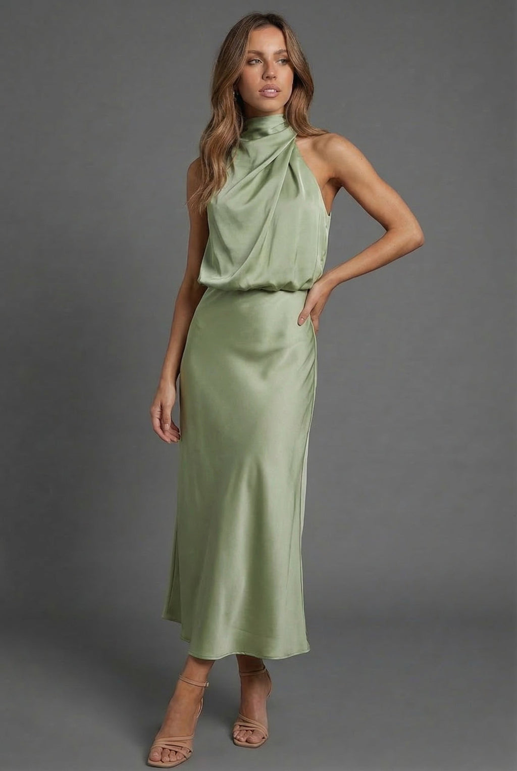 Draped Halterneck Satin Midi Dress