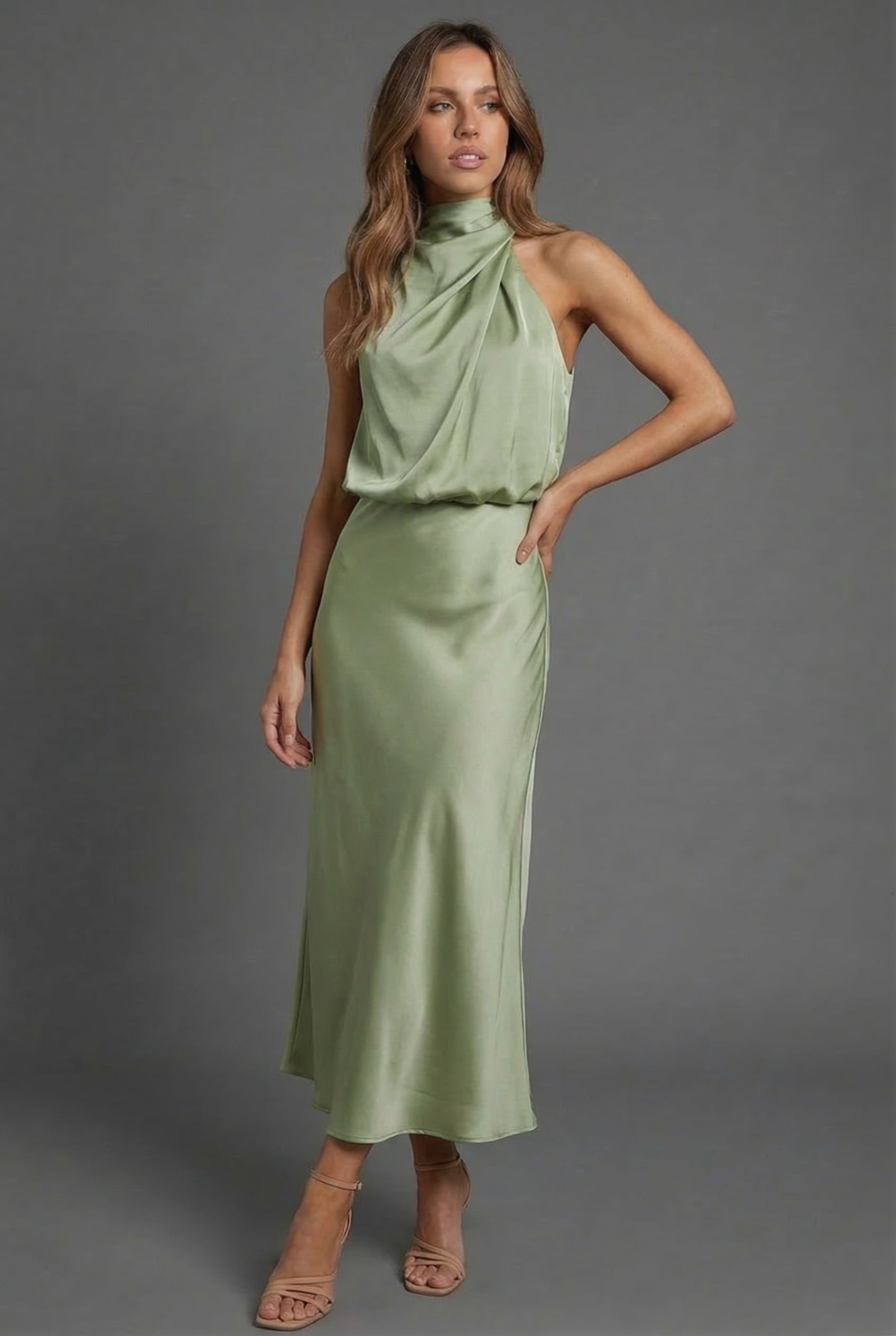 Draped Halterneck Satin Midi Dress
