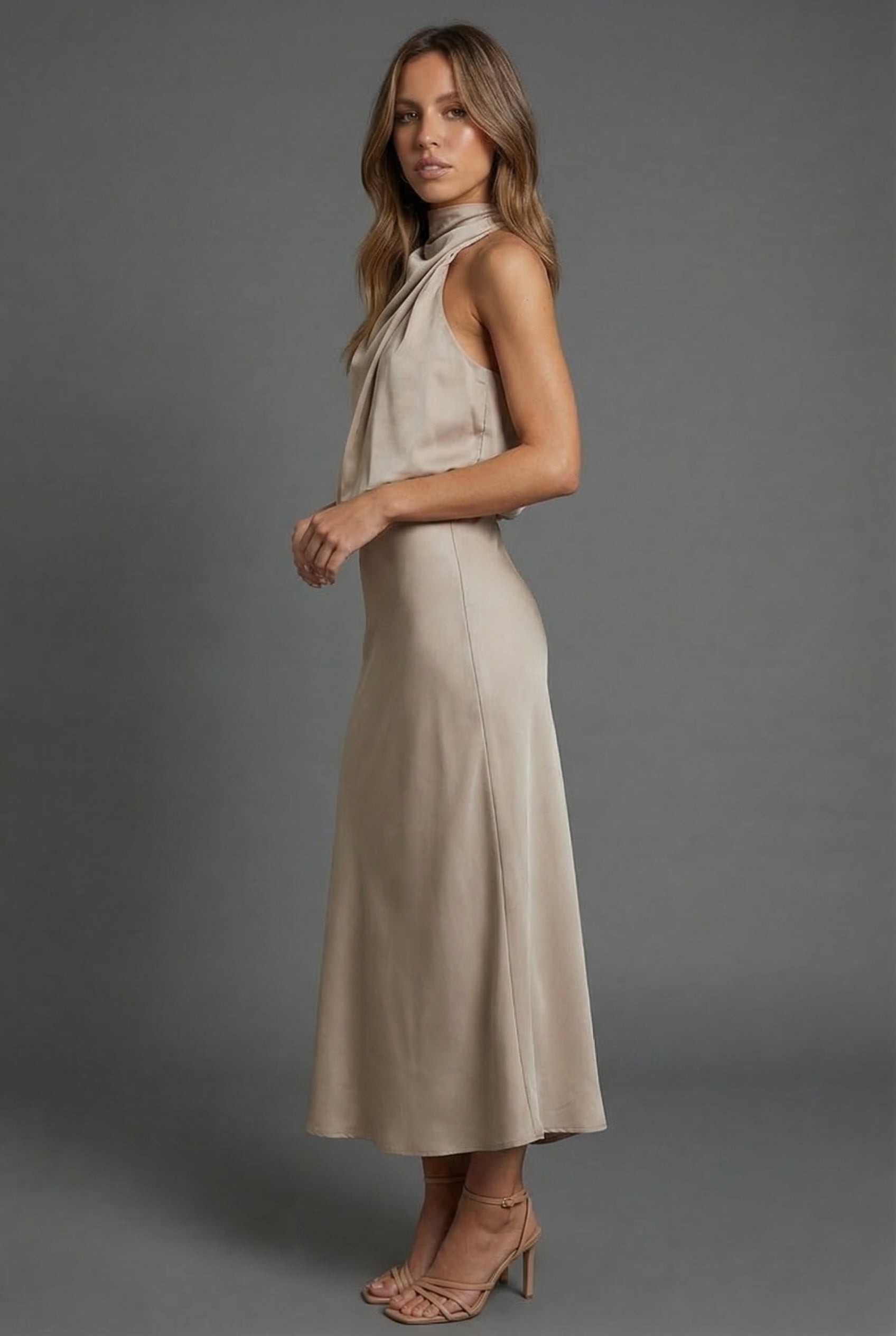 Draped Halterneck Satin Midi Dress