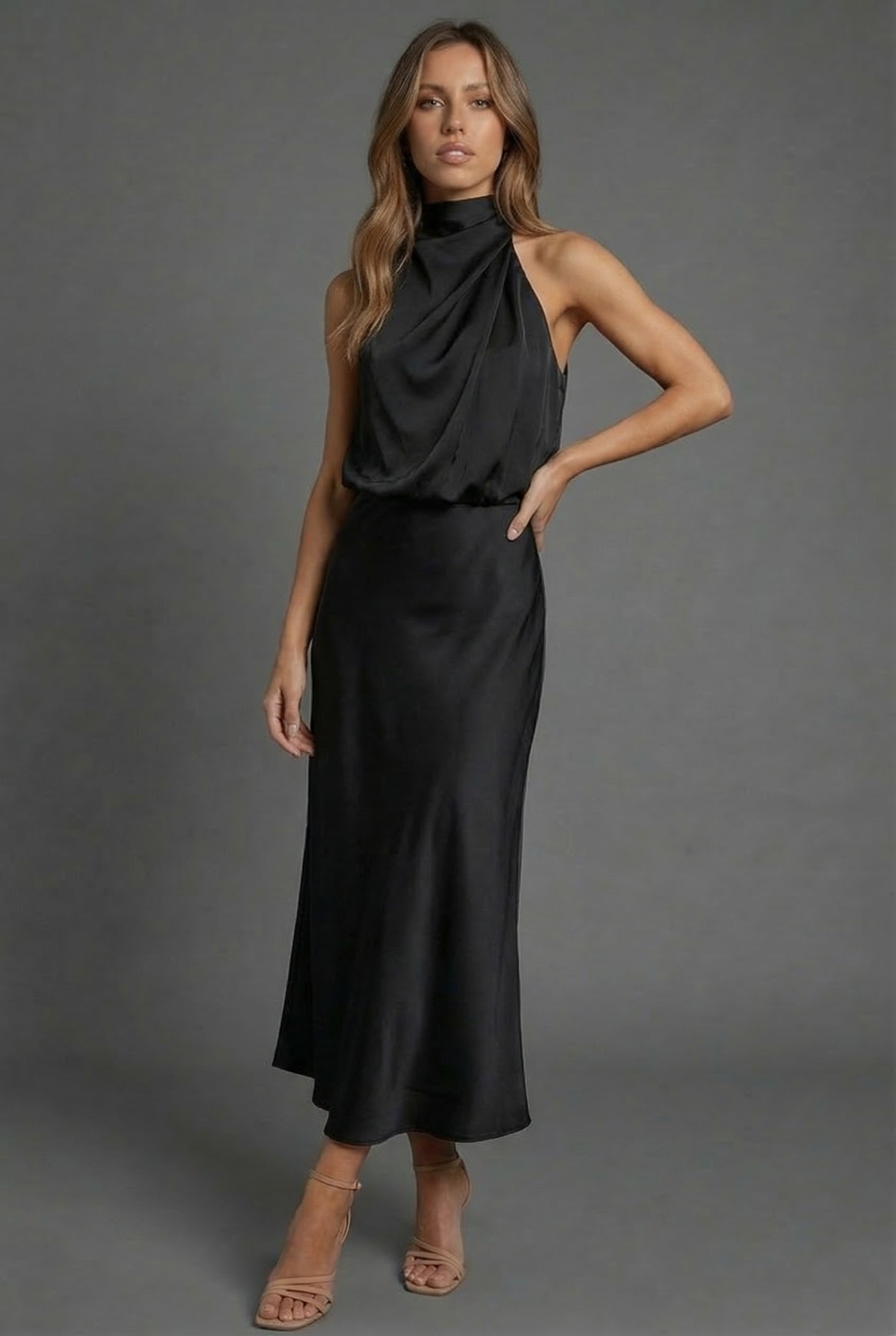 Draped Halterneck Satin Midi Dress