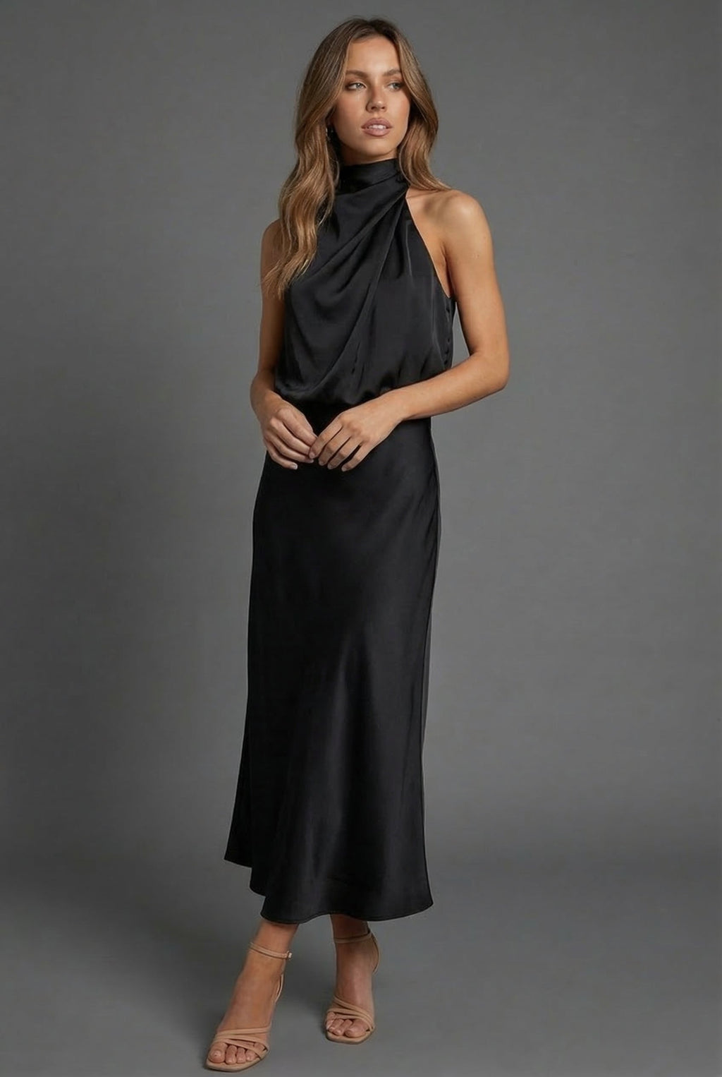 Draped Halterneck Satin Midi Dress