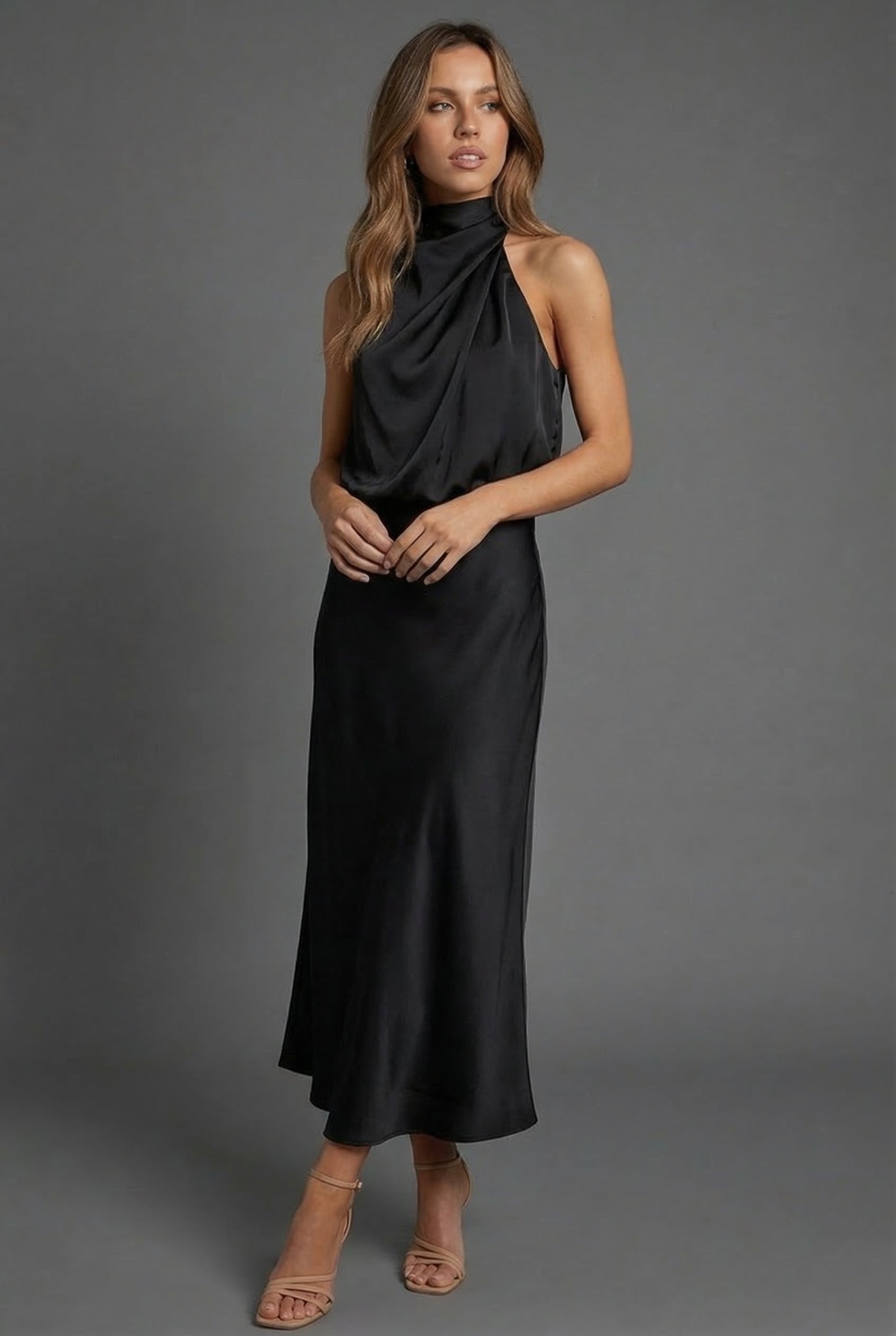 Draped Halterneck Satin Midi Dress