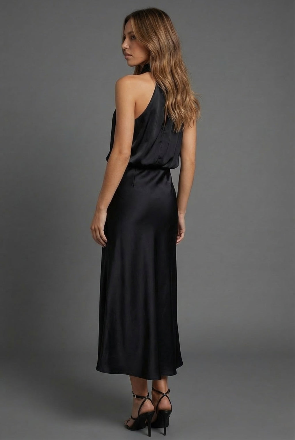 Draped Halterneck Satin Midi Dress