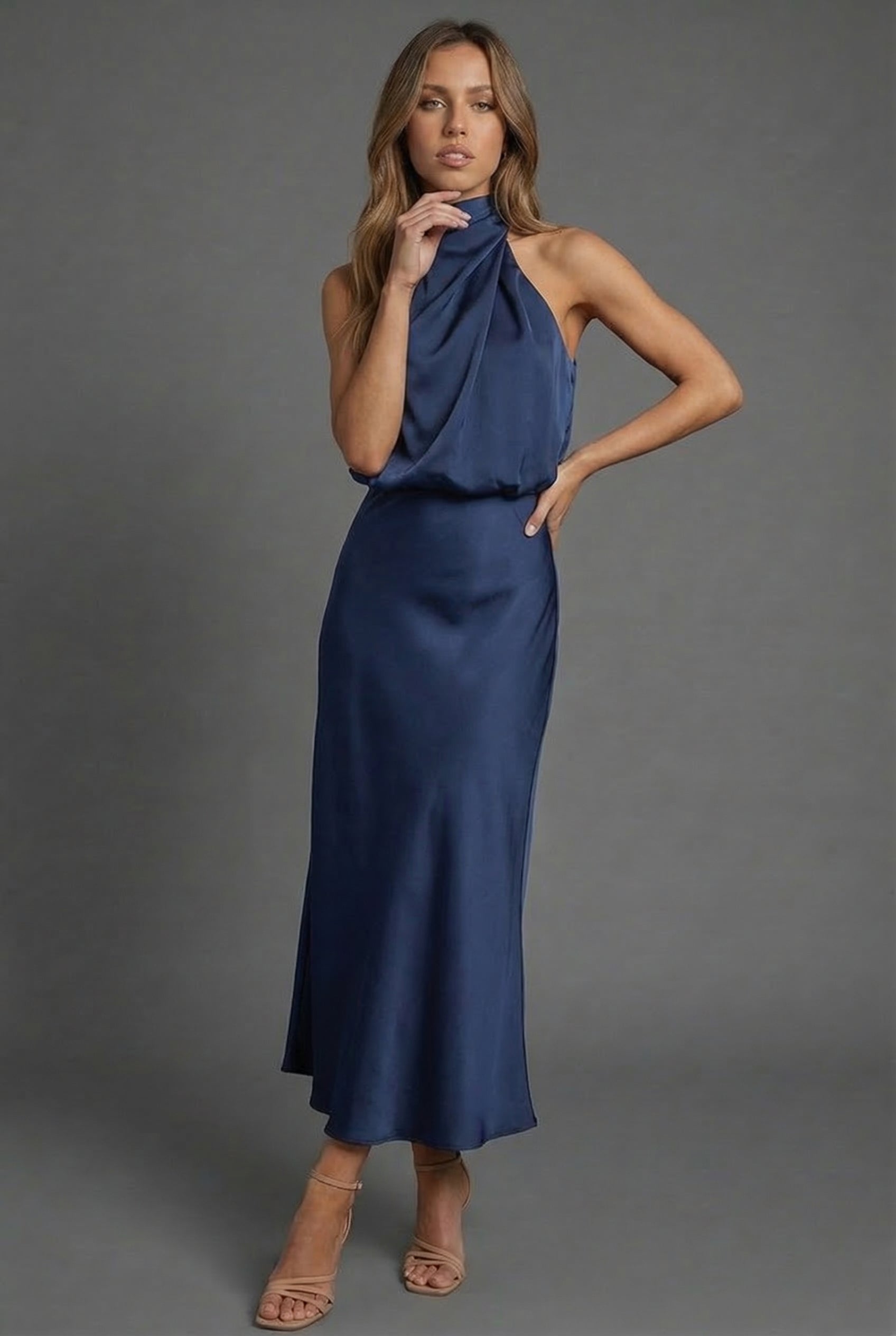 Draped Halterneck Satin Midi Dress