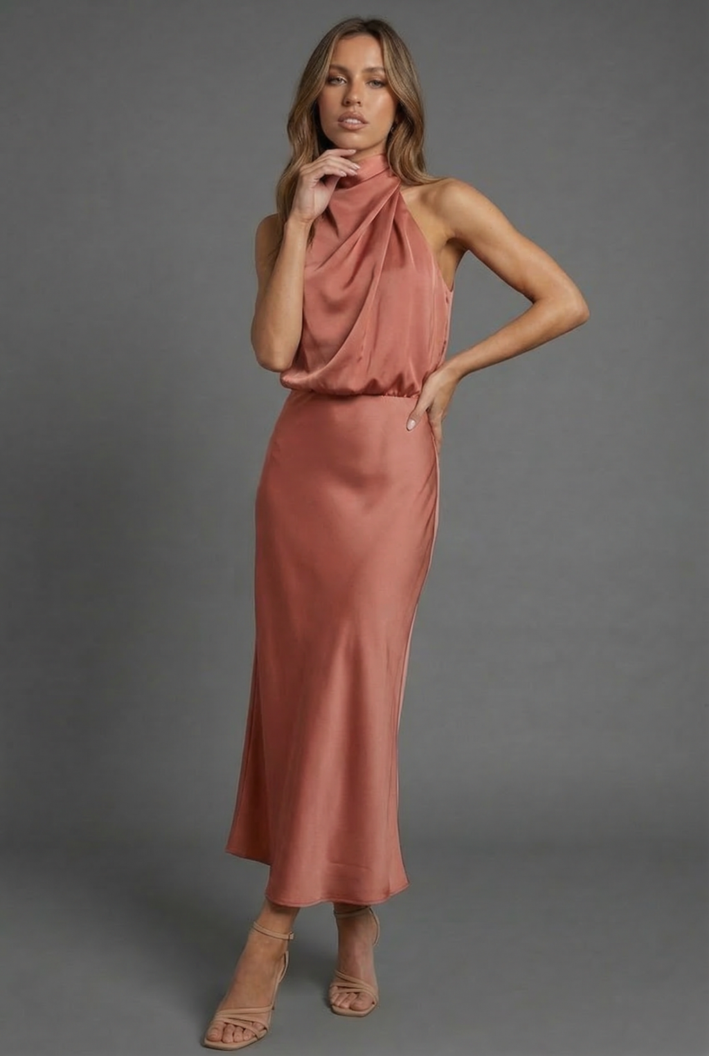 Draped Halterneck Satin Midi Dress