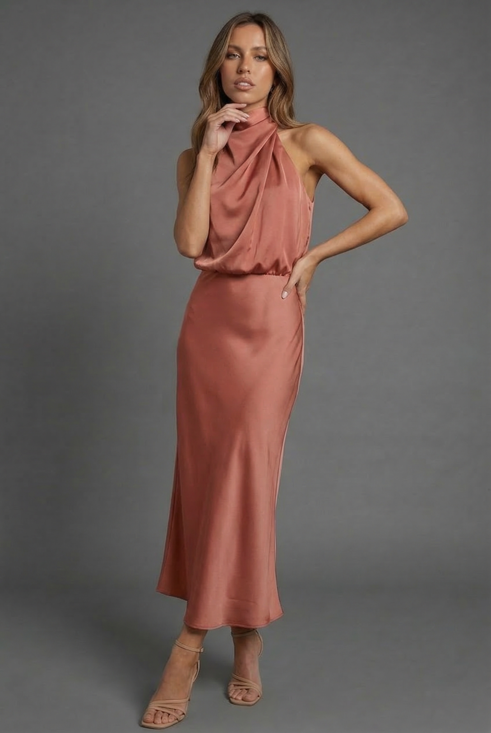 Draped Halterneck Satin Midi Dress