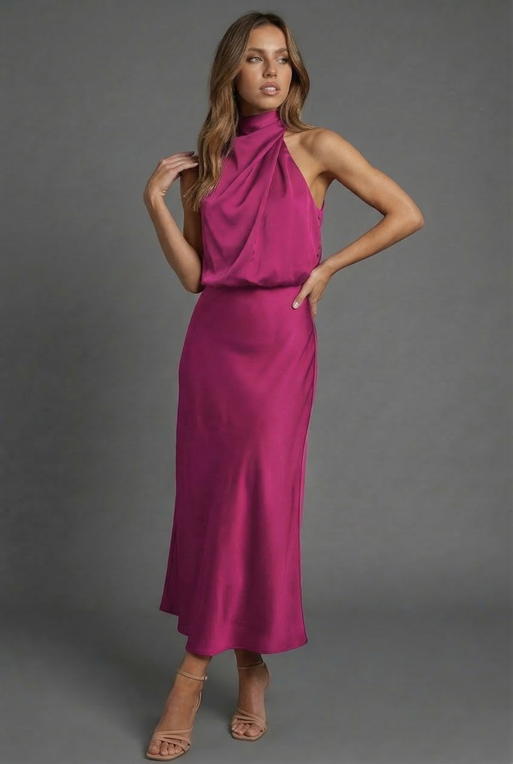 Draped Halterneck Satin Midi Dress