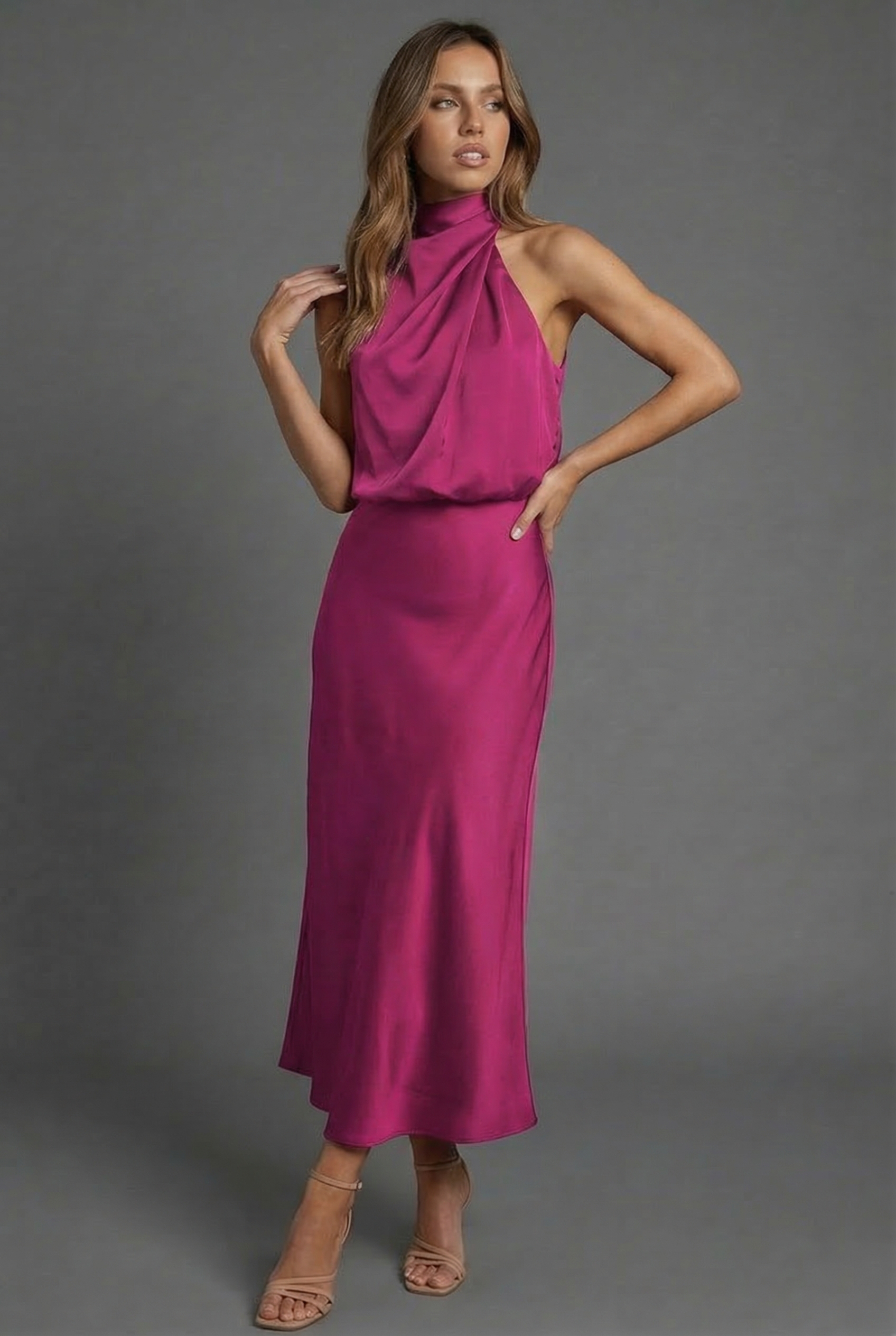 Draped Halterneck Satin Midi Dress