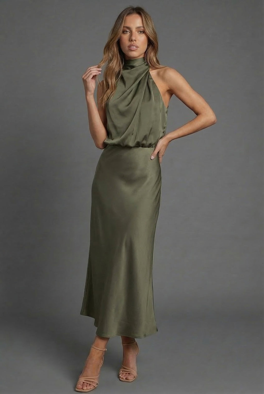 Draped Halterneck Satin Midi Dress