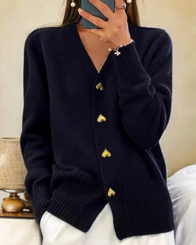 Heart Button V-Neck Cardigan