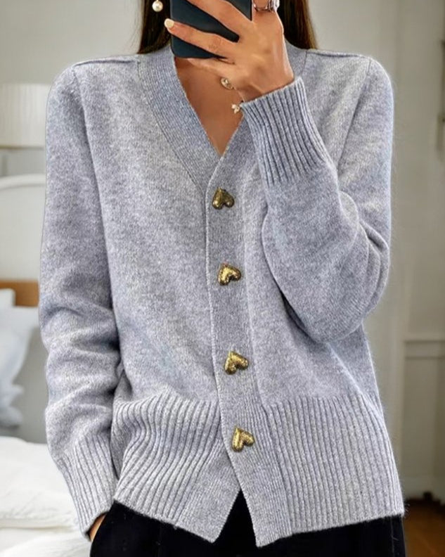 Heart Button V-Neck Cardigan