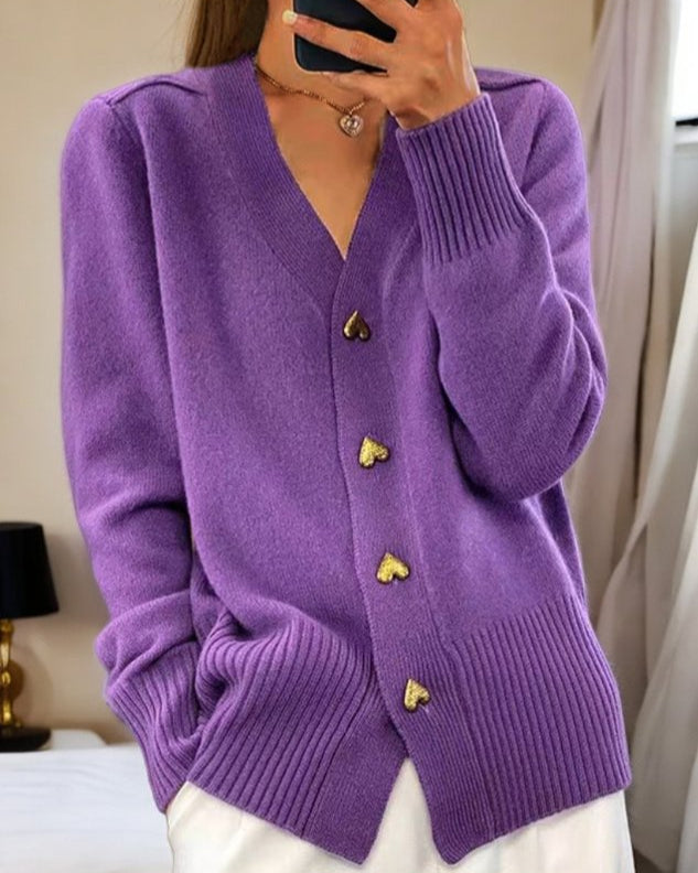 Heart Button V-Neck Cardigan