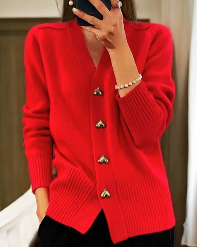 Heart Button V-Neck Cardigan
