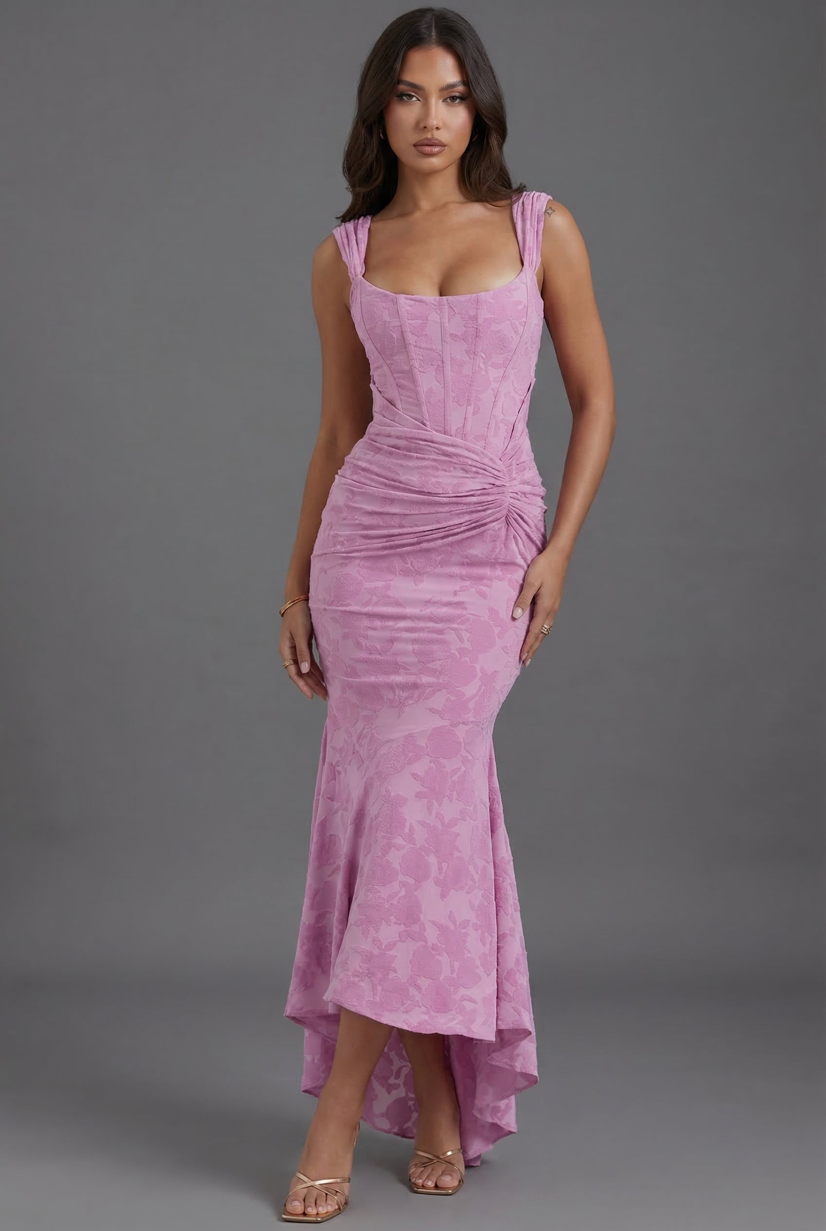Square Neck Corset Floral Jacquard Maxi Dress