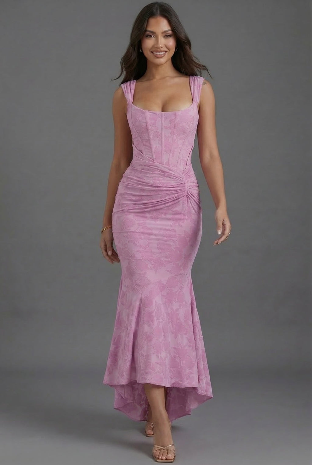 Square Neck Corset Floral Jacquard Maxi Dress