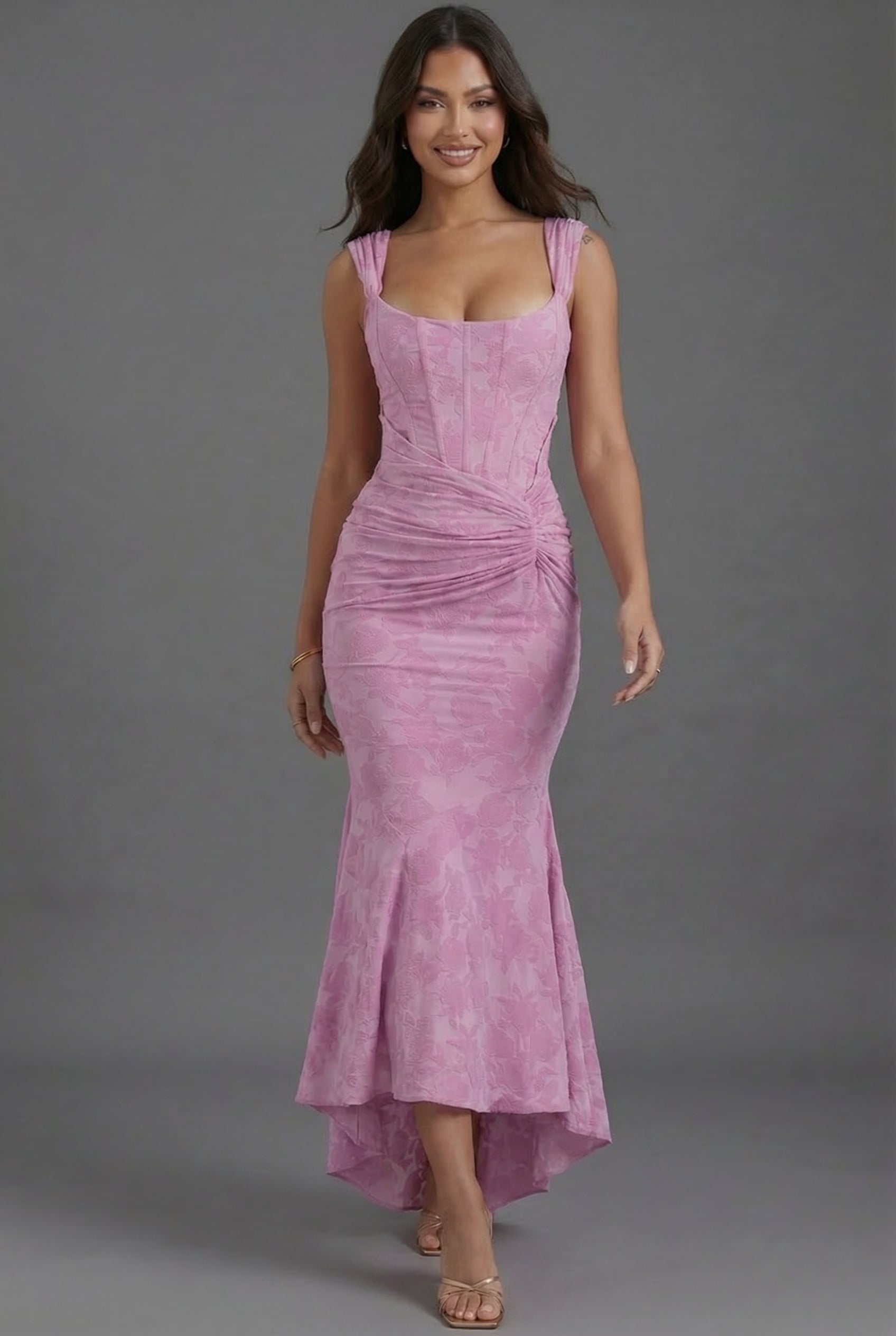 Square Neck Corset Floral Jacquard Maxi Dress