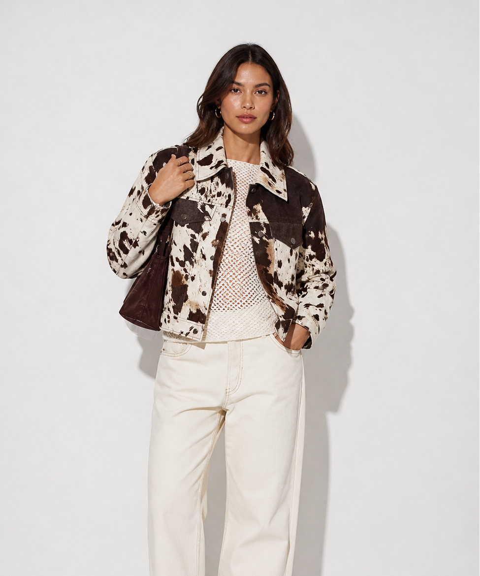 Cow Print Open-Front Jacket