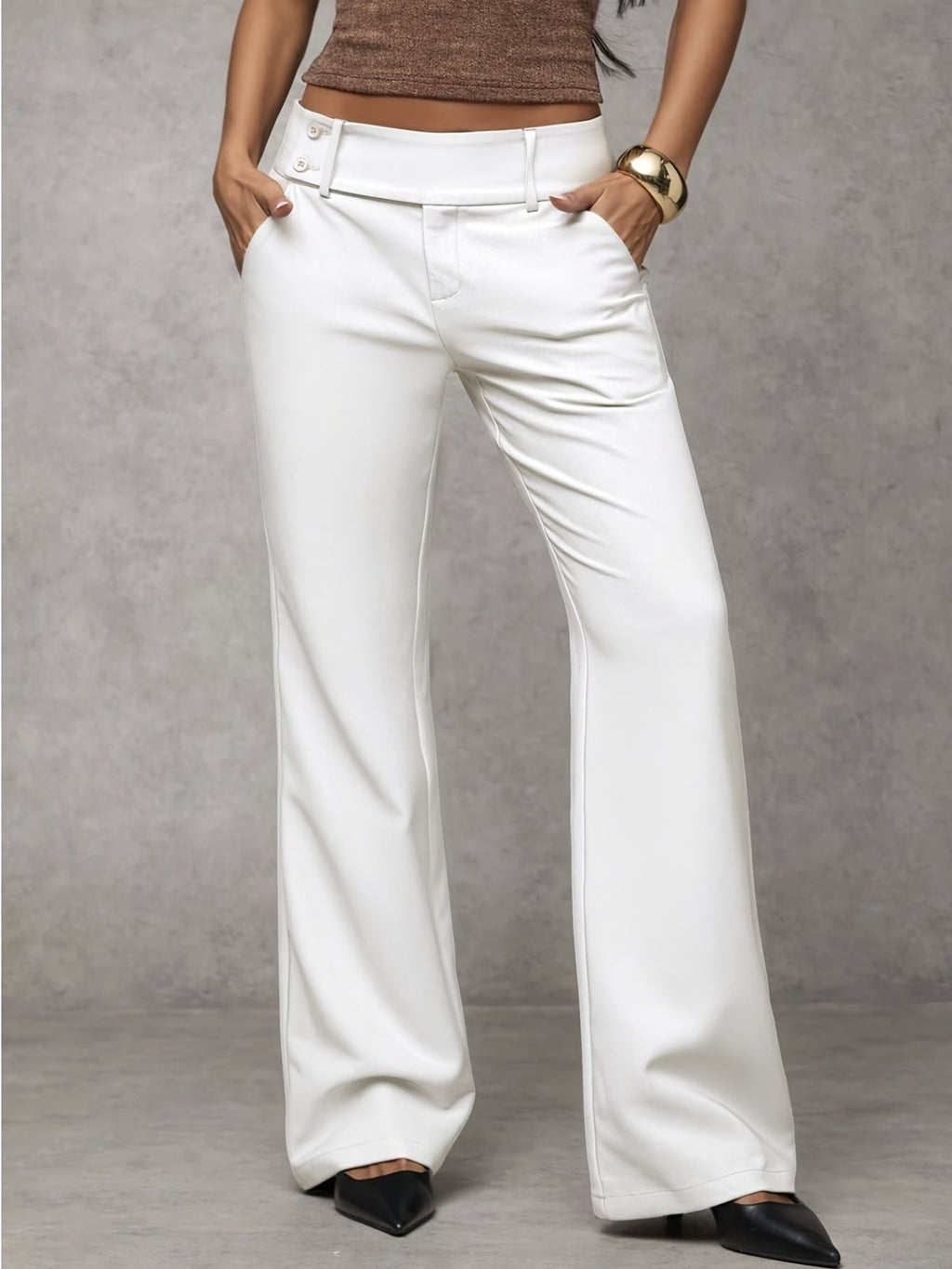 Button Waist Wide-Leg Trousers