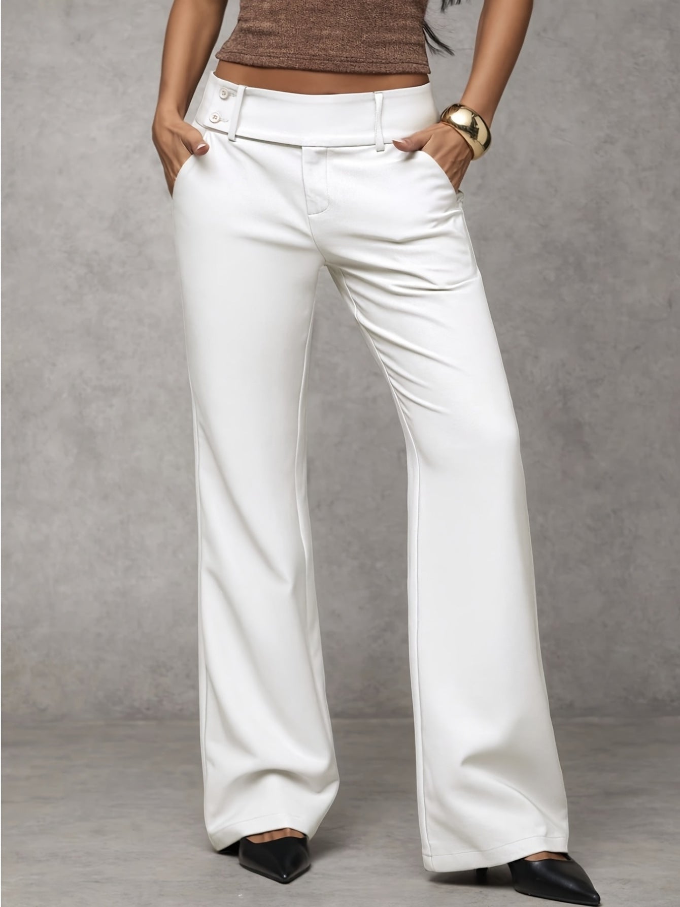 Button Waist Wide-Leg Trousers