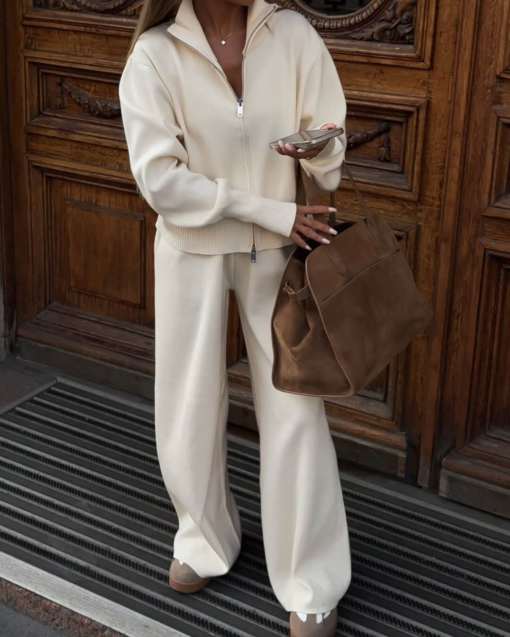 Zip-Up Knit Jacket and Wide-Leg Trousers Set