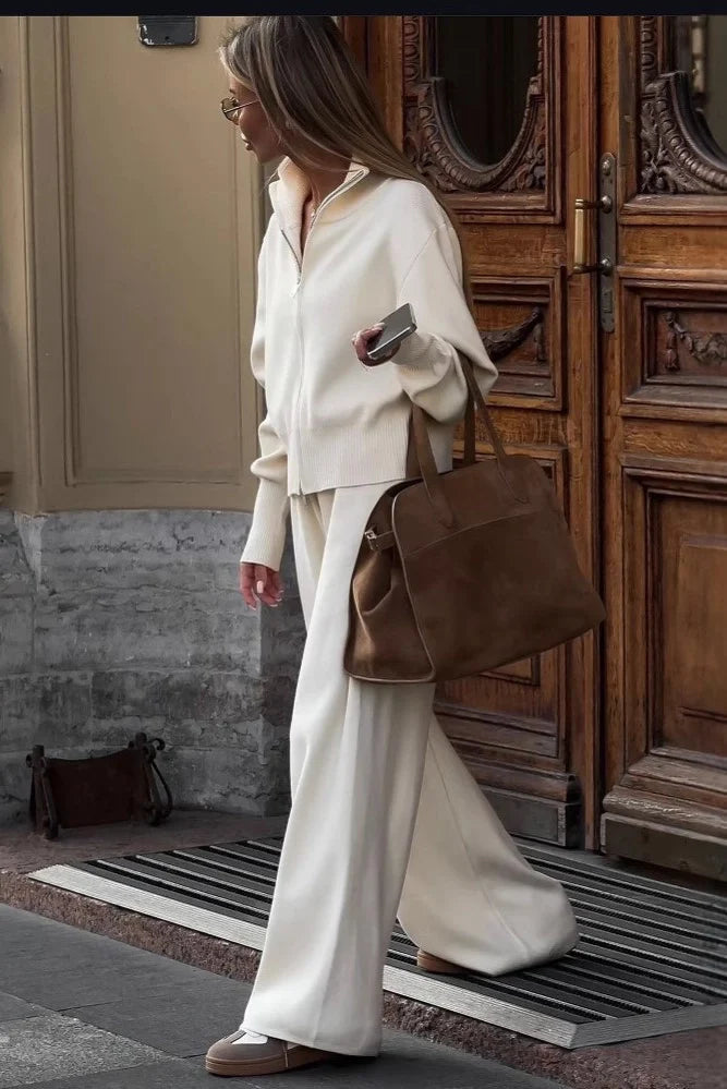 Zip-Up Knit Jacket and Wide-Leg Trousers Set