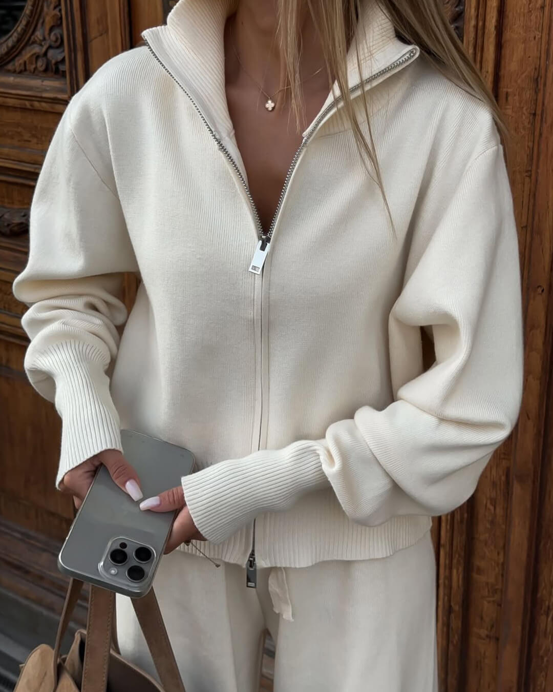 Zip-Up Knit Jacket and Wide-Leg Trousers Set