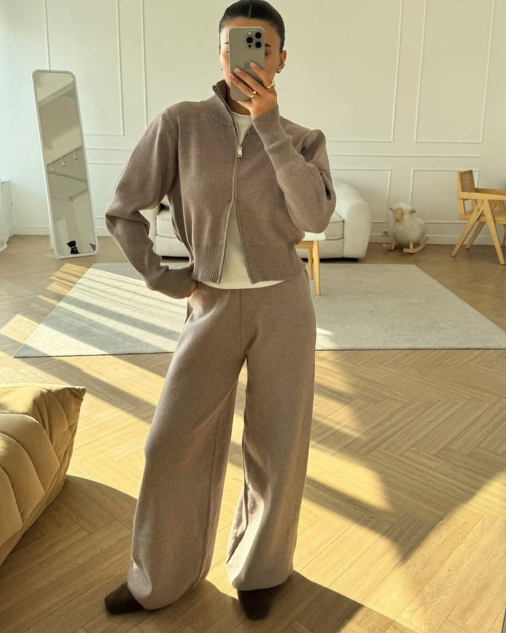 Zip-Up Knit Jacket and Wide-Leg Trousers Set