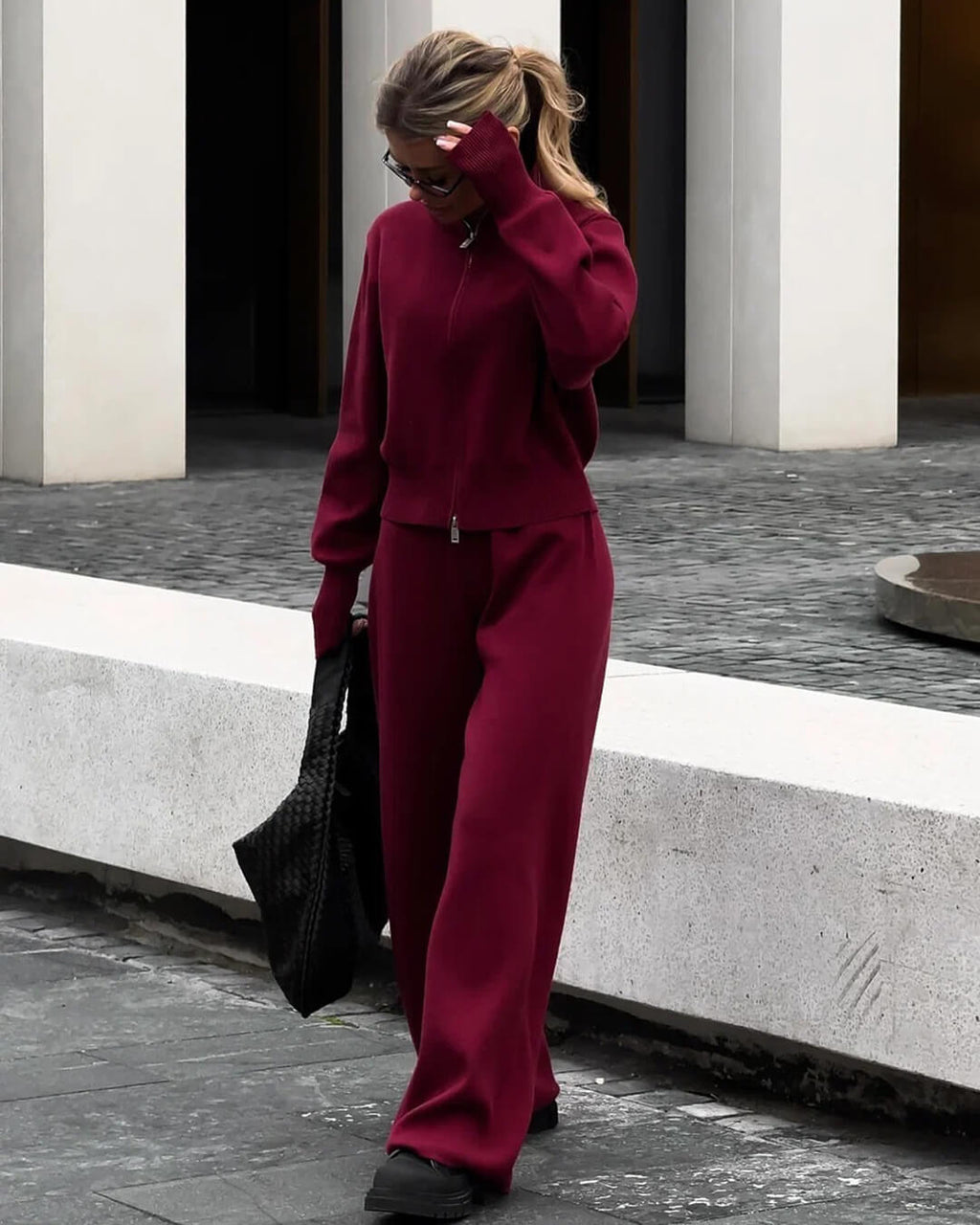 Zip-Up Knit Jacket and Wide-Leg Trousers Set